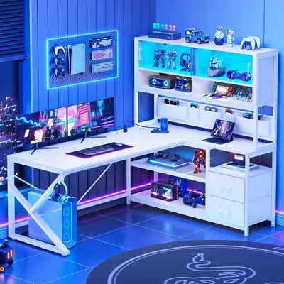 SEDETA LED L-Shaped Gaming Desk with Storage for Home Office Game Table with LED Lights, Glass Cabinet Furniture Shelves Mode...