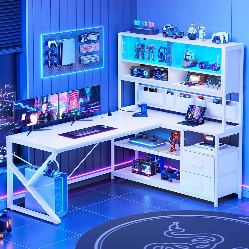 SEDETA LED L-Shaped Gaming Desk with Storage for Home Office Game Table with LED Lights, Glass Cabinet Furniture Shelves Mode...