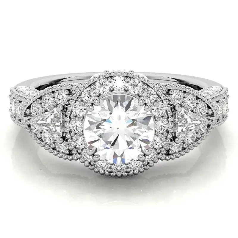 10K White Gold Round Cut Three-Stone Moissanite Engagement Ring