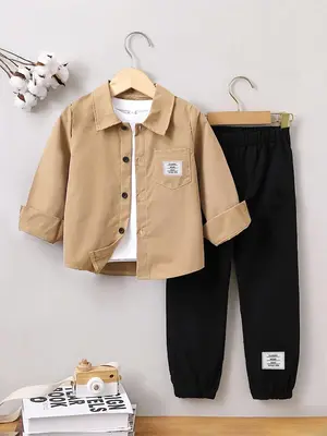 Toddler Boy's 2pcs Letter Patched Button Front Shirt & Elastic Waist Pants Set, Long Sleeve Collared Pocket Top & Trousers, N...