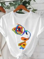 Women's Colorful Abstract Face Print Round Neck Tee, Fashion Casual Short Sleeve T-shirt for Daily Wear, Ladies Summer Clothe...