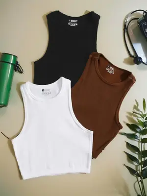 Women's Plain Round Neck Sports Vest, Casual Comfy Crew Neck Crop Tank Top, Summer Outfits 2024, Sportswear Clothing for Indo...