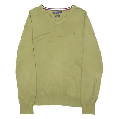 TOMMY HILFIGER Mens Jumper Green V-Neck Tight Knit M