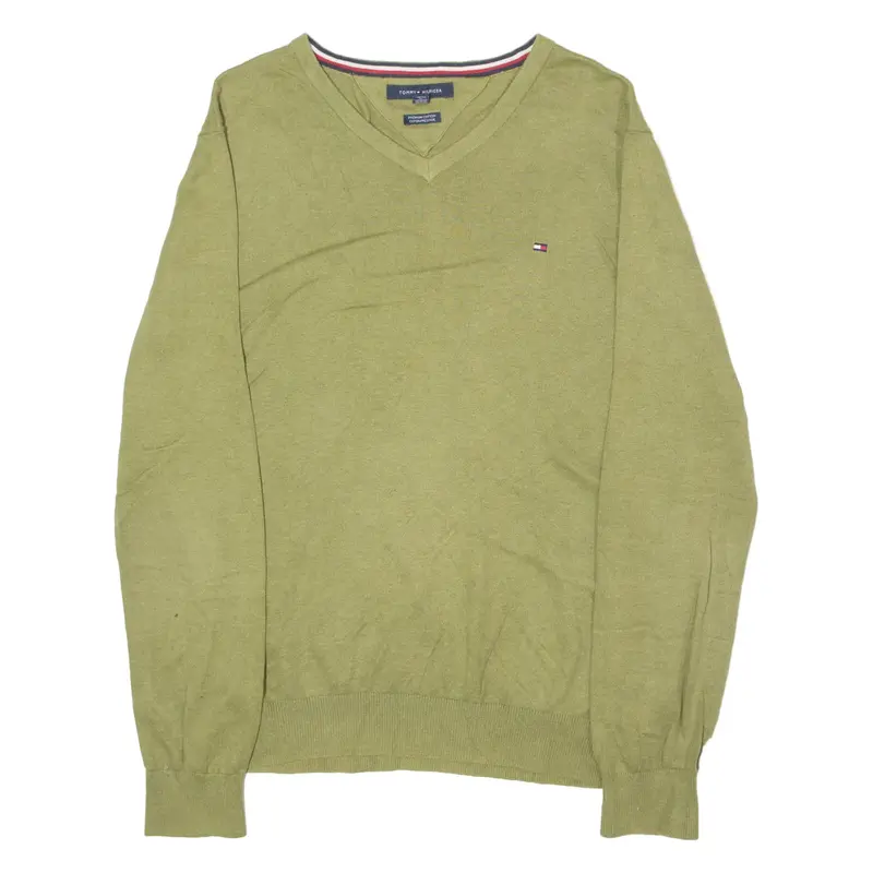 TOMMY HILFIGER Mens Jumper Green V-Neck Tight Knit M