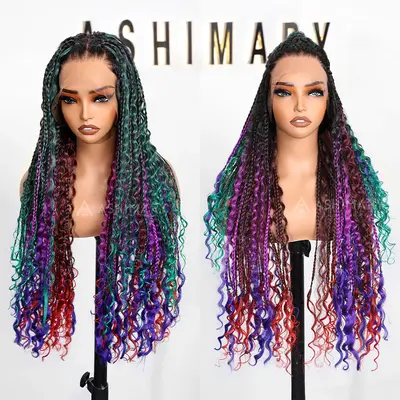 Rainbow Knotless Braided Wig with Boho Curls | Full Lace Multicolor Wig – Pre-Styled & Lightweight