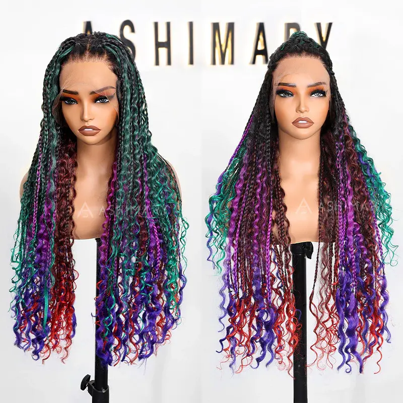 Rainbow Knotless Braided Wig with Boho Curls | Full Lace Multicolor Wig – Pre-Styled & Lightweight