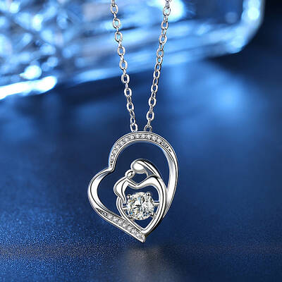 Mother's Day Brass Micro Pave Clear Cubic Zirconia Mother and Baby Heart Pendant Necklaces for Women