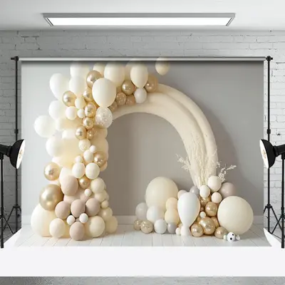 Dream Beige Balloon Birthday Cake Smash Backdrop - Aperturee