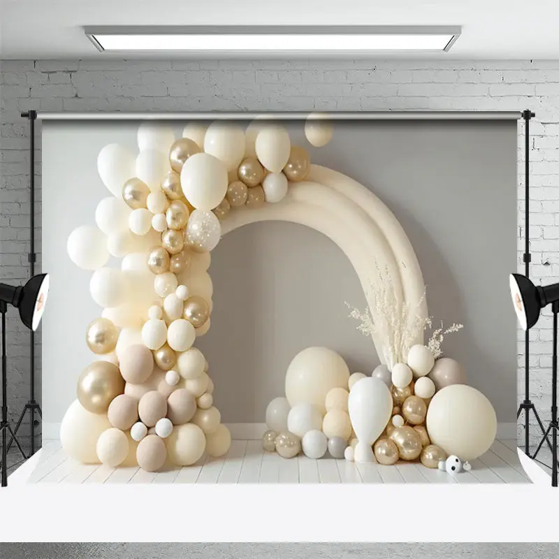 Dream Beige Balloon Birthday Cake Smash Backdrop - Aperturee