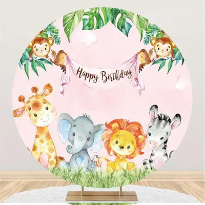 Aperturee Pink Little Animals Round Birthday Party Backdrop