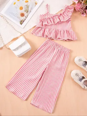Toddler Girl's Striped Print Sweater Co-ord Set, Cute Frill Trim Top & Wide Leg Pants, Casual Summer Clothes for Kids