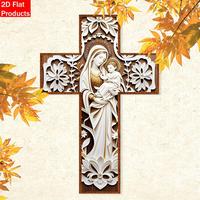 Wooden Wall Cross, Vintage Wall Hanging Cross with Mother Mary & Baby Jesus Image, Religious Decoration for Home Living Room ...