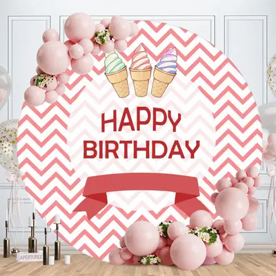 Aperturee Rose Pink And White Stripes Round Birthday Backdrop