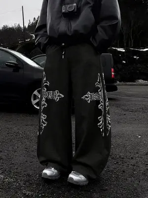 Men's Cross Print Drawstring Waist Sweatpants, Regular Fit Casual Comfy Pants for Daily Wear, Men's Trousers for Fall & Winte...