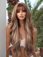 28 Inch Long Highlight Blonde Wavy Wigs for Women, Gorgeous Fluffy Wigs with Blunt Bangs, Synthetic Full Machine Wigs for Par...