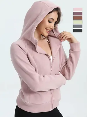 Women's Solid Pocket Zip Up Hooded Sports Sweatshirt, Casual Long Sleeve Raglan Sleeve Pullover for Fall & Winter, Women's Sp...