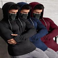 Men's Solid Color Thumb Hole Design Sports Tee, Casual Long Sleeve Stand Collar T-shirt with Mask & Gloves, Men's Sportswear ...