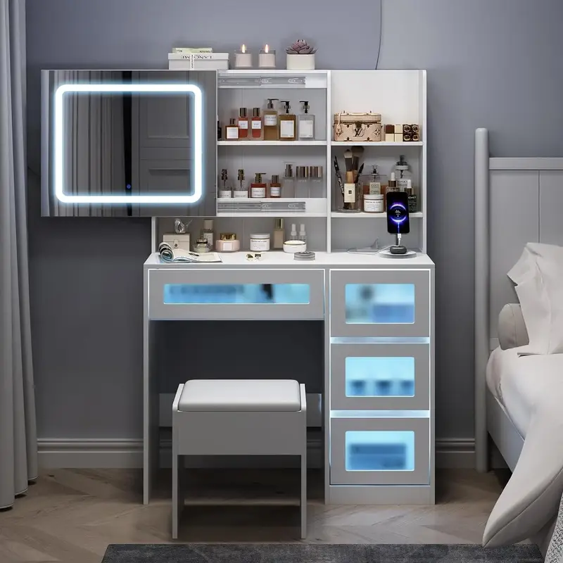 Vabches Vanity Desk with LED Sliding Mirror, Dressing Table with 4 Drawers and Stool Set, RGB Lights, Makeup Vanity 3 Color L...