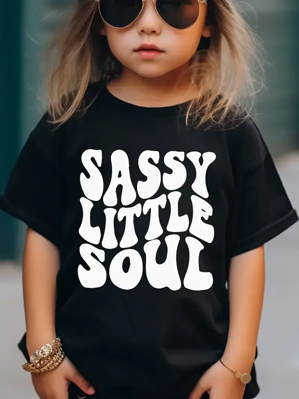 Girl's Cotton & Sassy Little Soul Letter Print Short Sleeve T-Shirts, Comfy Breathable Crew Neck, Knit Fabric, Machine Washab...