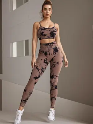 Two-Piece Set Women's Tie Dye Print Tracksuit Set, Sleeveless Crop Cami Top & High Waist Leggings, Workout Gym Exercise Clot...