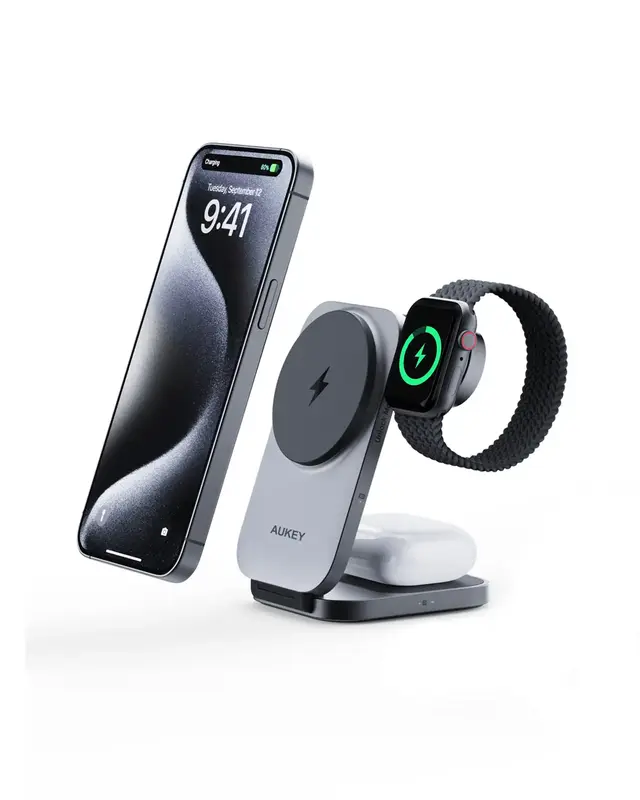 AUKEY LC-MC312 Qi2 Magnetic 15W Charging Station For Apple Smartphone Cellphone For iPhone, AirPods and iPhone Watch Mobile C...