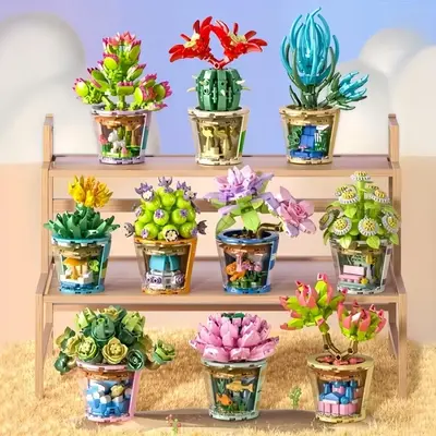 Mini Potted Flower Building Blocks, 1 Box Potted Succulent Building Blocks, Assembling Blocks Toys for Kids and Adults, Flow...