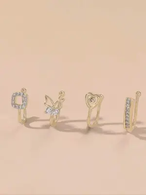 Rhinestone Decorated Nose Rings, 4pcs Punk Style No Piercing Nose Rings for Party, Daily Clothing Decor, Trendy All-match & E...