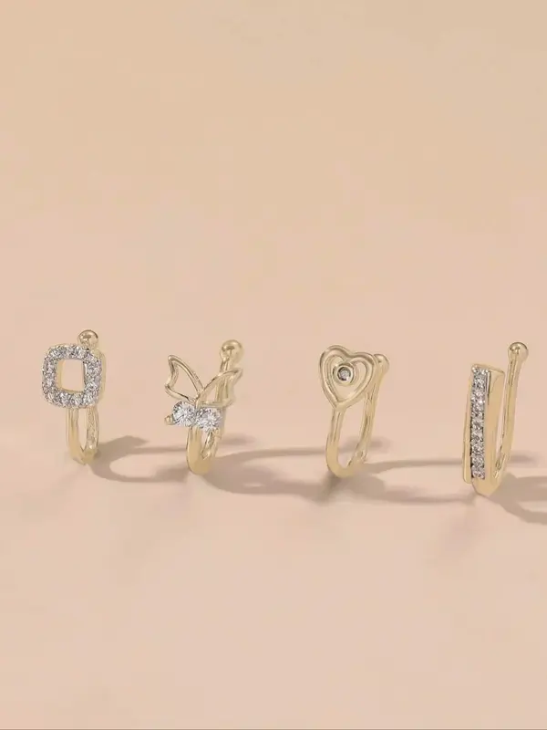 Rhinestone Decorated Nose Rings, 4pcs Punk Style No Piercing Nose Rings for Party, Daily Clothing Decor, Trendy All-match & E...