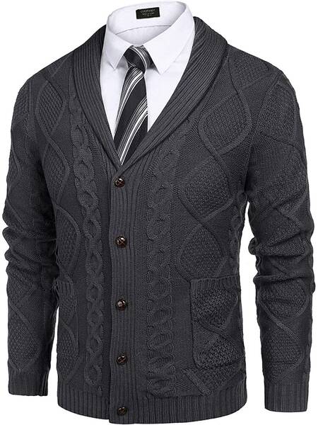 Shawl Collar Button Down Knitted Sweater with Pockets (US Only), Dark Grey / XXXL