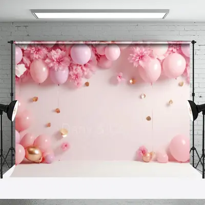 Pink Balloon Flower Birthday Cake Smash Backdrop - Aperturee