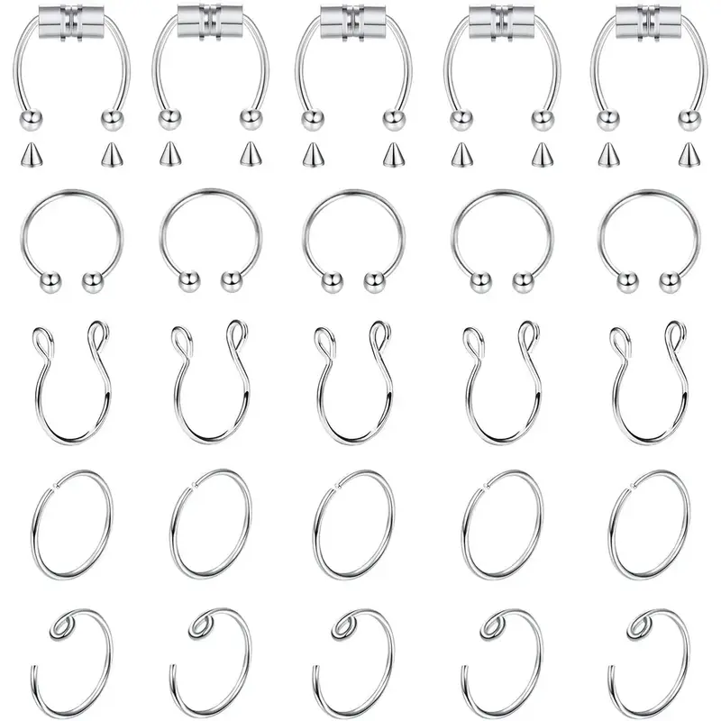 FLORIDECO 25Pcs Stainless Steel Fake Septum Fake Nose Ring Horseshoe Faux Fake Nose Septum Rings Magnetic Septum Piercing Cli...