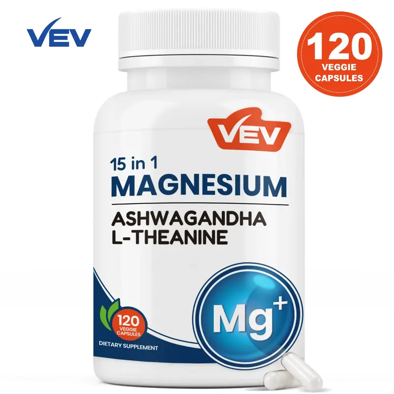 VEV Magnesium Ashwagandha, 15-in-1 Formula With Magnesium Glycinate, L-Theanine, Zinc, Edible Dietary Supplement, 120 Capsule...