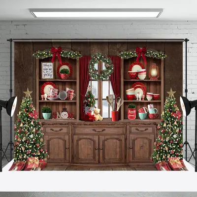 Aperturee Retro Wood Kitchen Trees Cupboard Christmas Backdrop - Aperturee