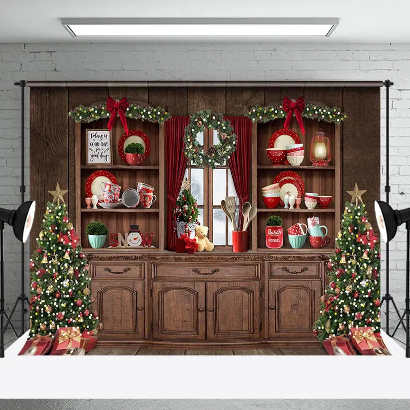 Aperturee Retro Wood Kitchen Trees Cupboard Christmas Backdrop - Aperturee