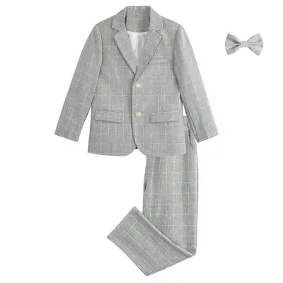 Boys 3-piece Set Wedding Ring Bearer Outfit Kids Suit Set, Plaid, Striped Blazer Suit Pants Bow Tie