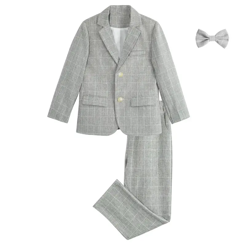 Boys 3-piece Set Wedding Ring Bearer Outfit Kids Suit Set, Plaid, Striped Blazer Suit Pants Bow Tie
