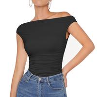 OMKAGI Women One Off Shoulder Y2K Tops Double Lined Slim Fit T Shirts Basic Tees