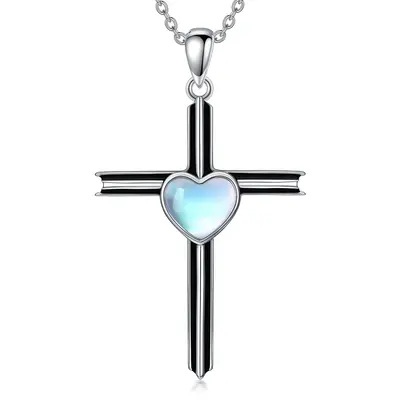 Sterling Silver Two-tone Moonstone Cross Pendant Necklace