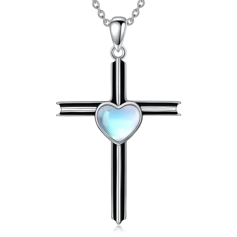 Sterling Silver Two-tone Moonstone Cross Pendant Necklace
