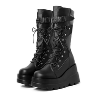 Womens Goth Platform Boots Chunky Wedge Heel Rave Combat Boots Lace Up and Zipper Round Toe Mid Calf Boot for Concert Festiva...