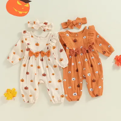 Halloween Newborn Infant Baby Girl Outfit Pumpkin Print Puff Sleeve Ruffle Jumpsuit Headband Set Two Piece Clothes