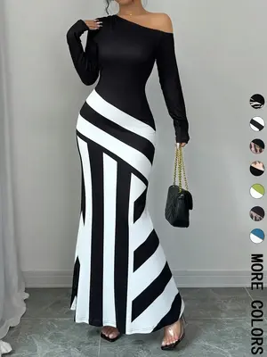 Women's Colorblock Striped Print Asymmetrical Neck Mermaid Dress, Elegant Fashion Long Sleeve Dress for Party Dating Wear, Wo...