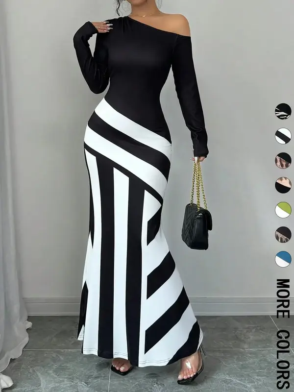 Women's Colorblock Striped Print Asymmetrical Neck Mermaid Dress, Elegant Fashion Long Sleeve Dress for Party Dating Wear, Wo...