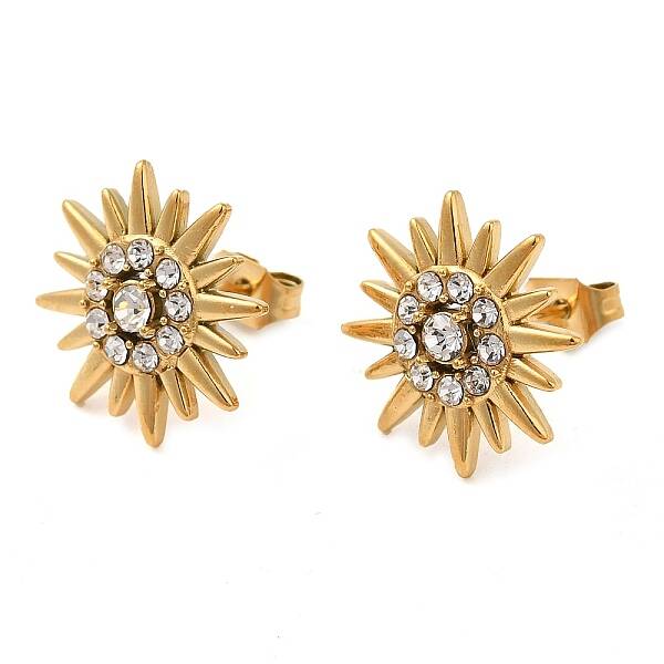 PVD Vacuum Plating 304 Stainless Steel Sun Stud Earings with Rhinestone