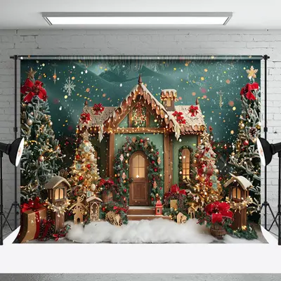 Snow Wooden House Trees Green Christmas Backdrop