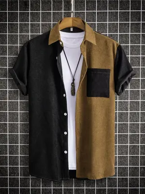 Men's Regular Fit Colorblock Pocket Button Front Shirt, Summer Outfits 2024, Casual Streetwear Corduroy Short Sleeve Collared...