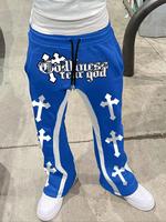 Men's Cross & Letter Print Drawstring Waist Flare Leg Pants, Street Fashion Casual Colorblock Pocket Elastic Waist Bell Botto...