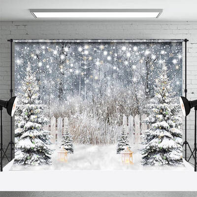 Glitter Snowy Forest Pine Tree Fence Winter Backdrop - Aperturee