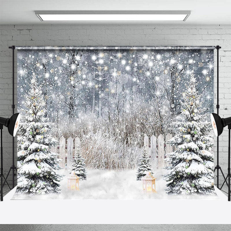 Glitter Snowy Forest Pine Tree Fence Winter Backdrop - Aperturee