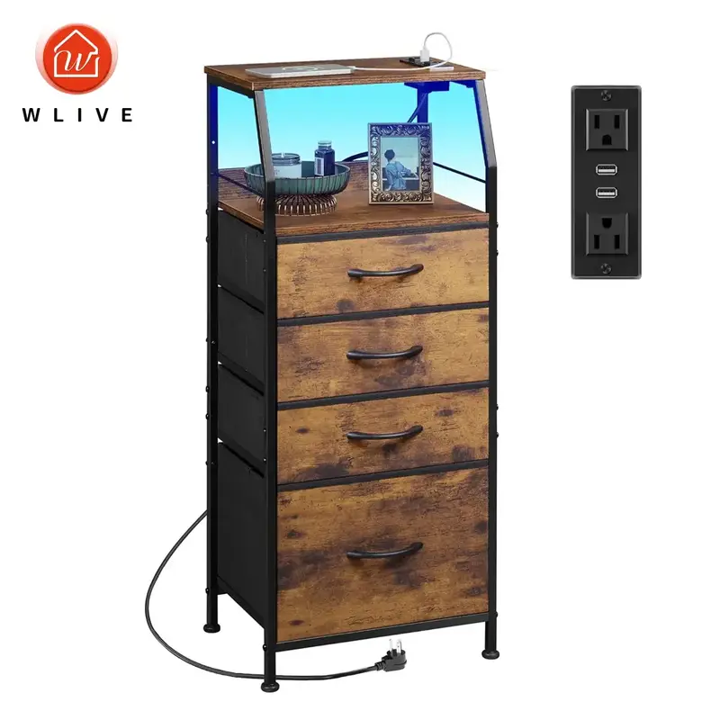 WLIVE 4 Drawer Dresser for Bedroom, Nightstand with Charging Station and Led Light, Tall Bed Side Table with USB Ports and Ou...